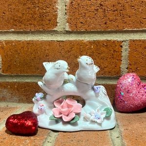Porcelain lovebirds,spring summer white figurine flowers gold accents home decor